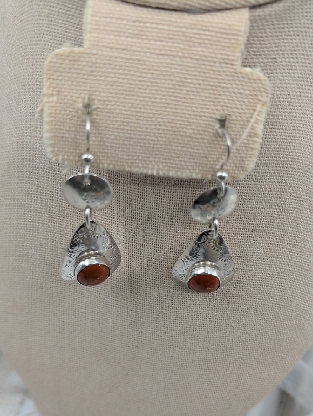 Vintage Sterling Silver Red Coral Cabochon Teardrop Dangle Earrings Artisan - Picture 17 of 17